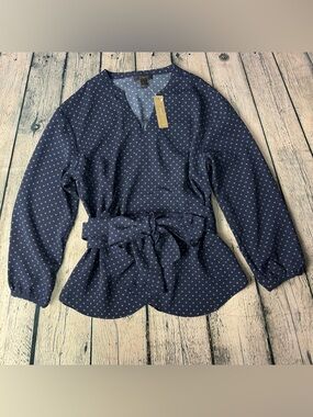 J. Crew NWT Navy Blue Wrap Blouse White Floral Like Print Long Sleeve Size Small